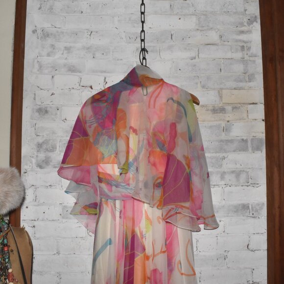1960's VINTAGE Abstract Flora Chiffon Maxi Stunning Dress Small Size - Picture 12 of 16